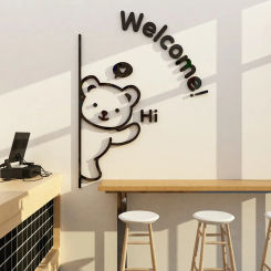 3D Wall Mirror Stickers Welcome Bear Home Decor Acrylic Self-adhesive Hi Bear Stickers For Shop Door Window Decorative Mirrors