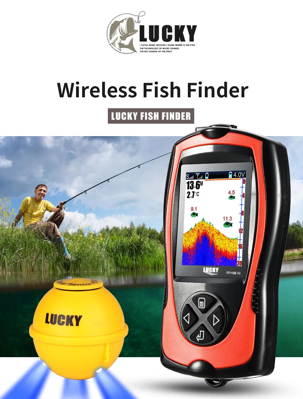 Description Picture 3 of itemLucky Sonar Fish Finder FF1108-1CWLA Rechargeable Wireless Sensor 45M Water Depth Echo Sounder Fishing Portable Fish Finder