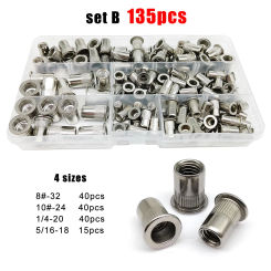 1 set 65/135pcs US Coarse Thread UNC 8#-32 10#-24 1/4-20 5/16-18 304 Stainless Steel Flat Head Rivet Nut Rivnut Assortment Kit