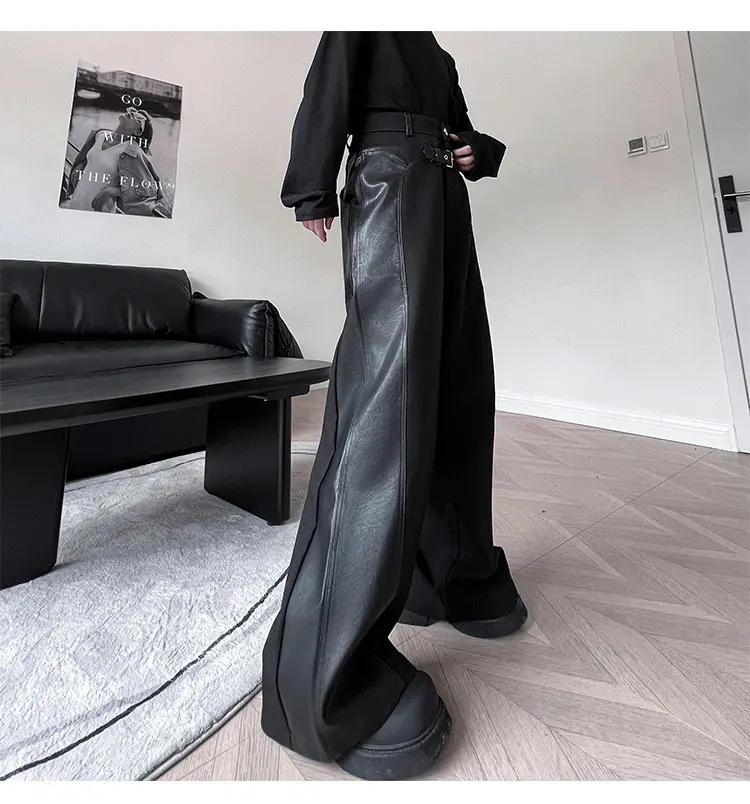 Description Picture 6 of itemMen Leather Splice Streetwear Fashion Loose Casual Hip Hop Biker Pants Male Harajuku Dark Black Motorcycle Baggy Pants