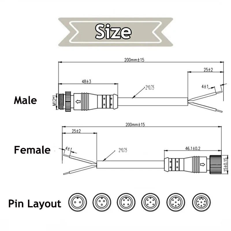 Description Picture 2 of item2Pcs Metal Screw M12 Waterproof 2 3 4 5 6 8 Pin IP68 Power Cable Wire Plug for LED Strips Male Female Connector 20CM