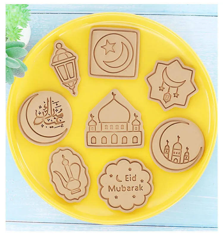 Description Picture 6 of item8 Pcs/set Eid Mubarak Cookie Cutters Plastic 3D Moon Star Pressable Biscuit Mold Cookie Stamp Kitchen Baking Pastry Bakeware