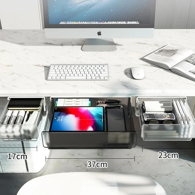 Description Picture 2 of itemClear Office Storage Box Under Desk Hidden Drawer Organizer Drawer Desk Supplies Holder Rack Sundries Stationery Storage Tray