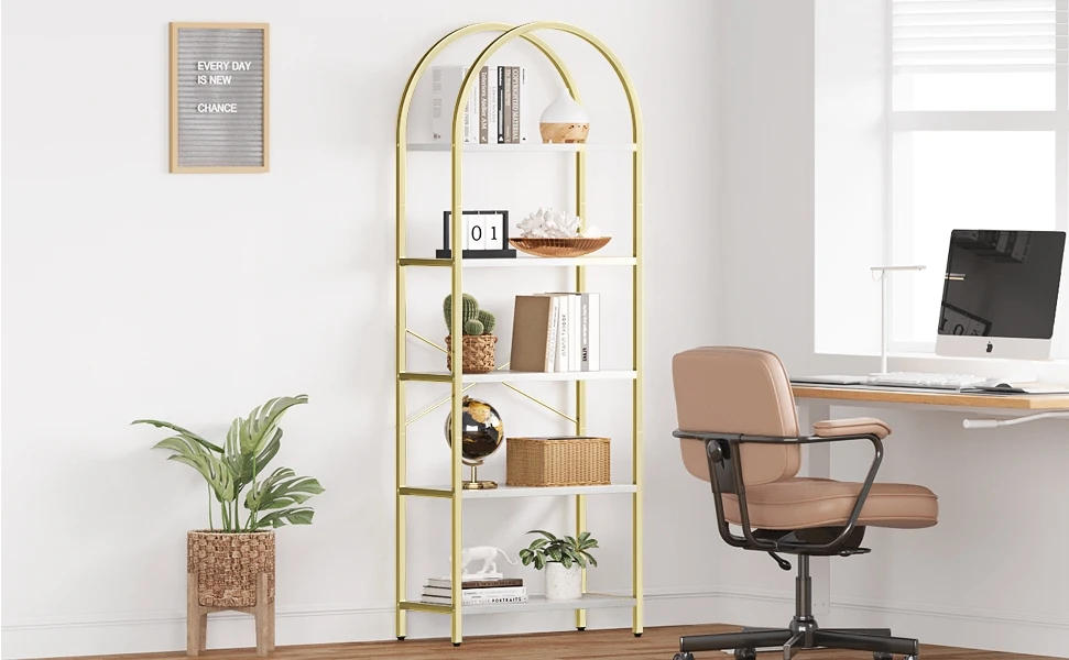 Description Picture 3 of itemUS  Bookshelf 5 Tier Bookcase Arched Display Racks Tall Standing Bookshelves Metal Frame Rustic Storage Rack Shelf Brown Book