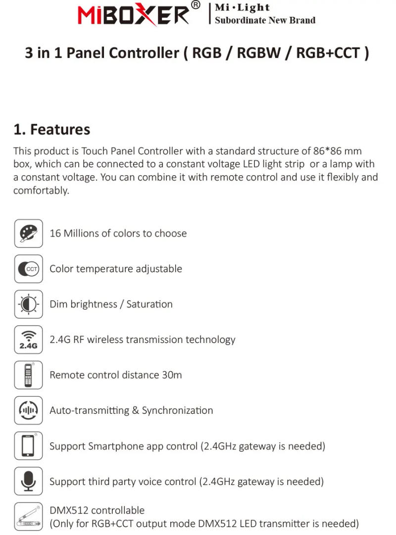 Description Picture 5 of itemMiBoxer P3 DC12-24V 2.4GHz 86Touch RGB/RGBW/RGB+CCT Switch Panel Dimmer Adjust Brightness Led Controller for Led Strips/FCOB