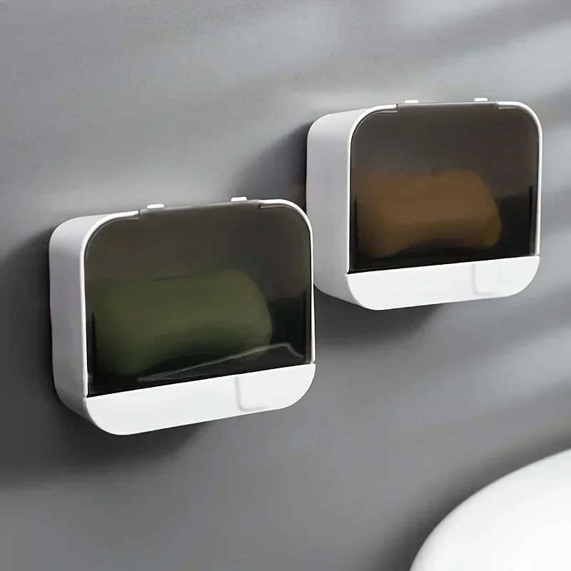 Description Picture 6 of itemBathroom Soap Holder with Drain Flip Top Soap Storage Box Wall Mounted No Punch Soap Dish Home Storage Space Saving Design