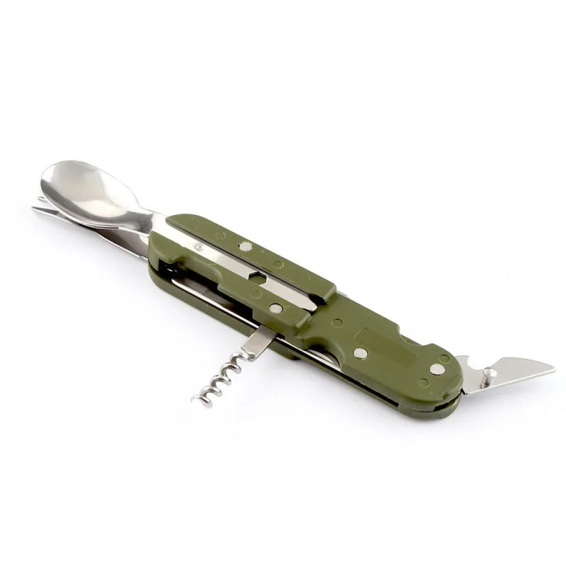 Description Picture 5 of itemFolding Portable Stainless Steel Army Green Camping Picnic Cutlery Knife Fork Spoon Bottle Opener Flatware Tableware Travel Kit
