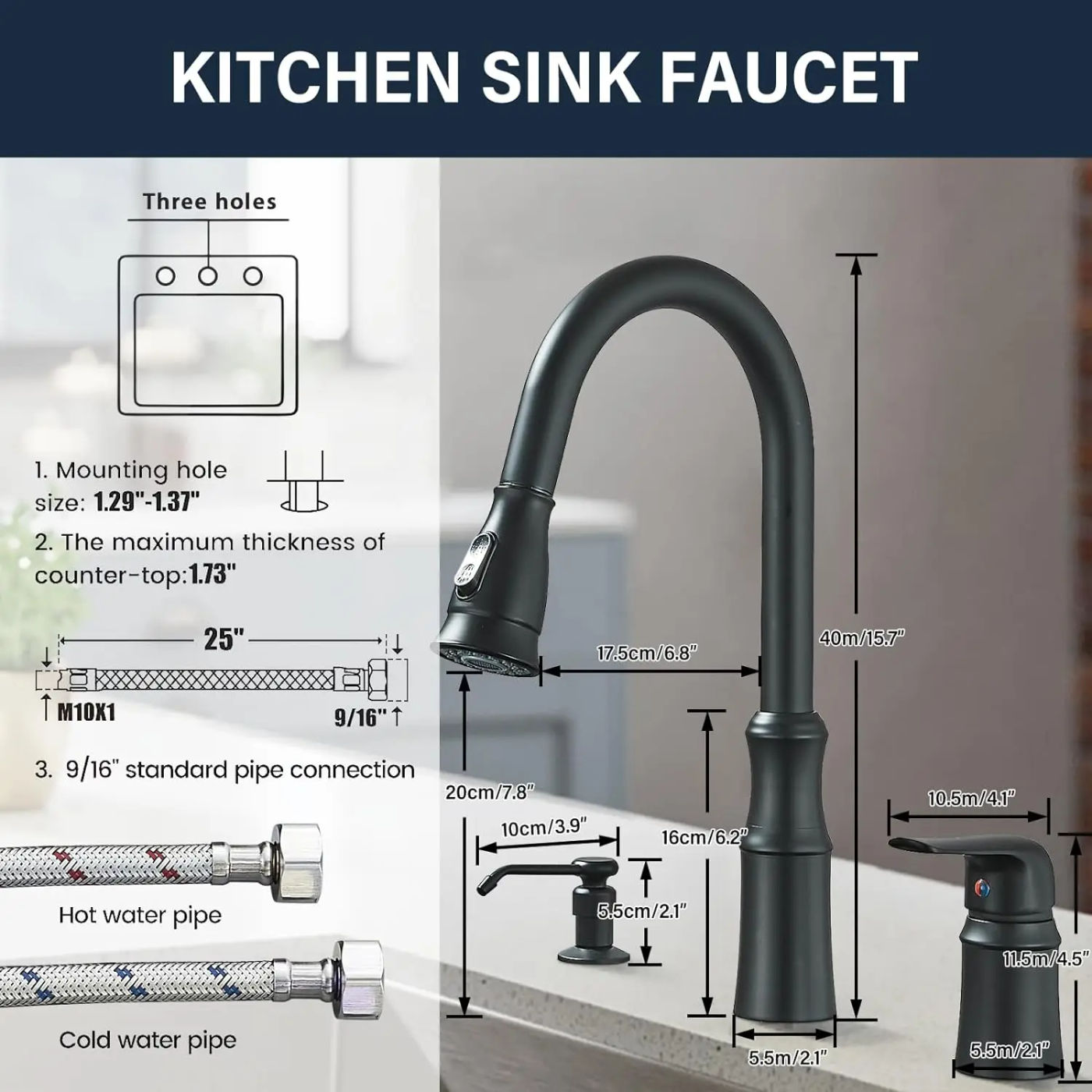 Description Picture 3 of itemKitchen Sink Faucet,3 Hole Kitchen Faucets with Pull Down Sprayer,Kitchen Faucets with Soap Dispenser Oulantron 2 Hole High Arc