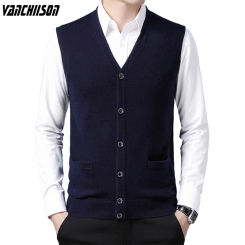 Men 100% Wool Knit Vest Sleeveless Jacket V Neck Buttons Down Pockets Basic for Autumn Winter England Style Casual 00282