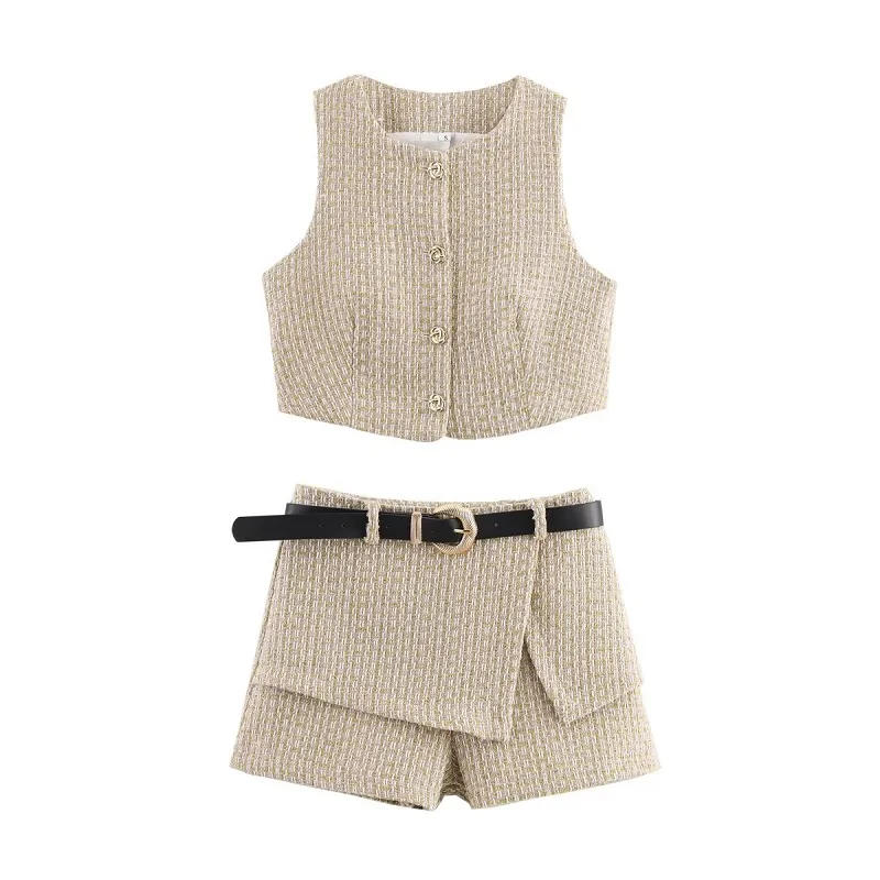 Description Picture 5 of itemTRAF 2025 Belt Tweed Shorts for Women High Waist Mini Skirt Shorts Woman Summer Fitness Women's Shorts Set Sleeveless Vest Women
