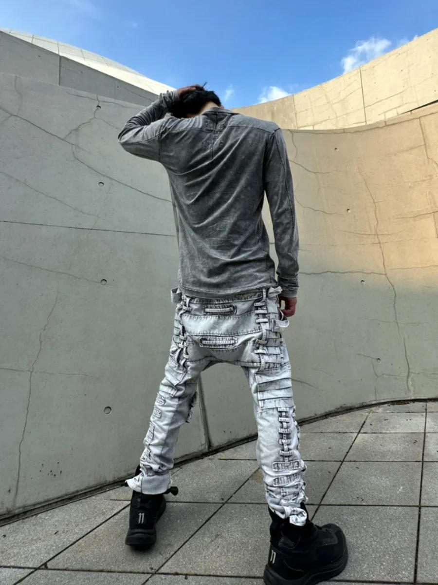 Description Picture 4 of itemWasteland Punk Vintage Light Color Distressed Tie-Dyed Wash Slim Fit Skinny Pants Loose Crotch Men's Overalls Streetwear Men