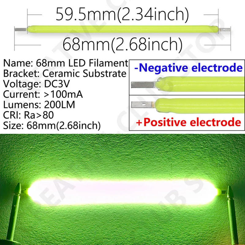 Description Picture 4 of item68mm 10pcs DC3V COB LED Filament Edison Bulb Parts Lamp Incandescent Light Accessories Red Green Blue 2200K 2700K 6500K for DIY