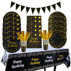 Black Gold Dot Disposable Tableware Paper Cups Plates Tablecloth Napkins Adult Wedding Birthday Party Home Decoration Supplies
