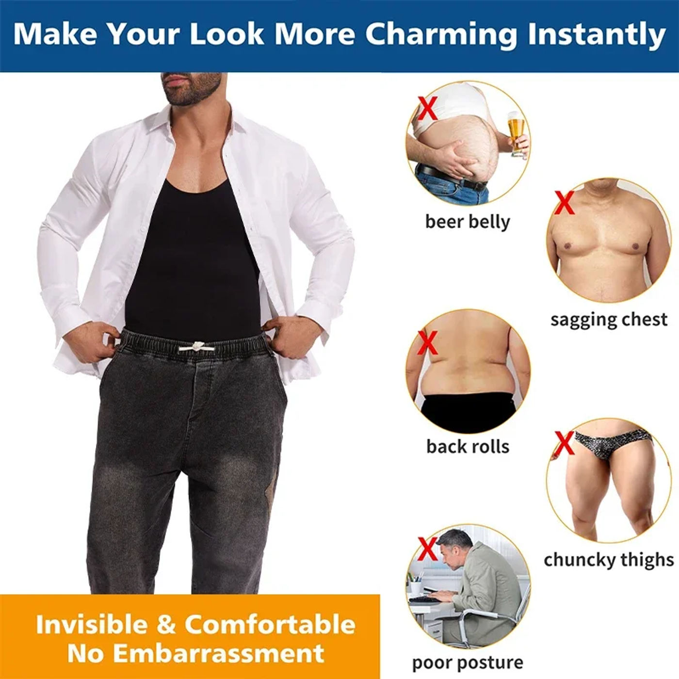 Description Picture 6 of itemMen Full Body Shaper Sleeveless Slimming Vest Underwear Compression Seamless Bodysuit Shapewear Tummy Control Faja Para Hombres