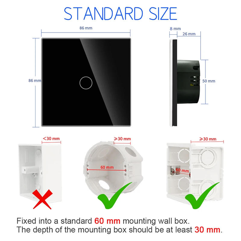 Description Picture 6 of itemBingoelec Sensor Switch EU Standard Light Crystal Glass Panel Lamp Power 1/2/3 Gang 1 Way AC 220V Luxury Wall Touch Switches