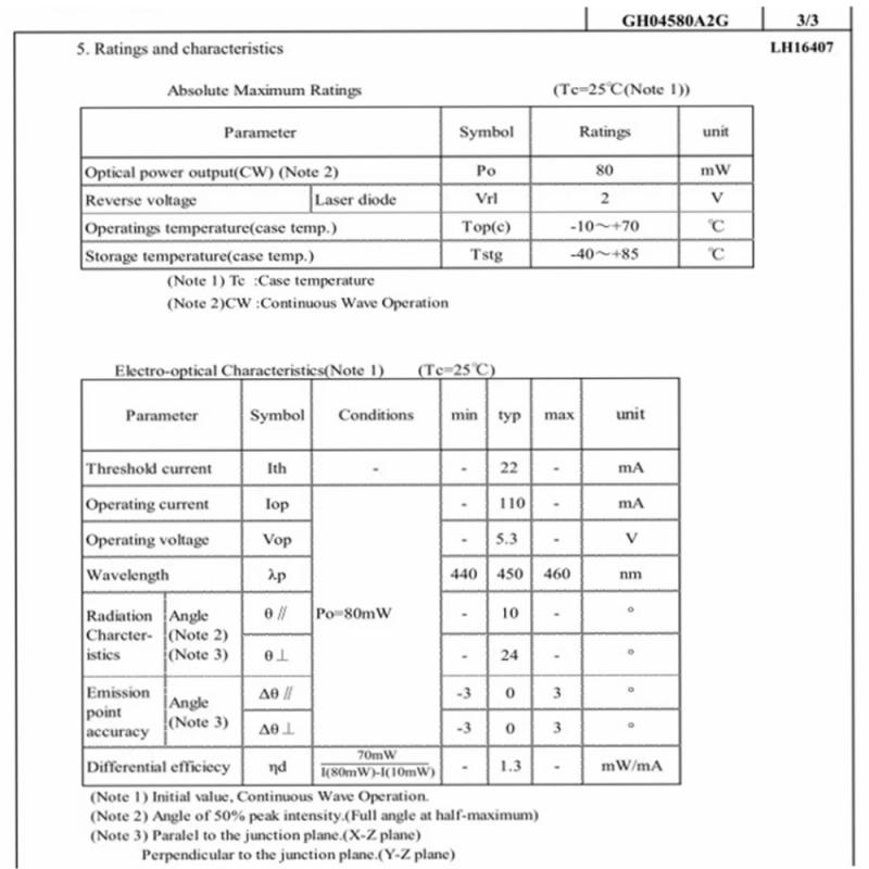 Description Picture 3 of item2pcs SHARP GH04580A2G 450nm 80mw Single Mode 5.6mm Semiconductor Laser Diode