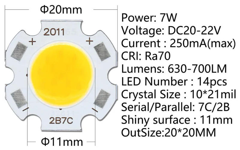 Description Picture 6 of item20pcs a lot High Power LED COB Light Bulb 250mA Size 20MM 3W 5W 7W 10W LED Source Chip Light Lamp SpotLight Downlight Lamps DIY