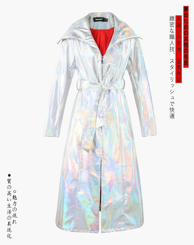Description Picture 3 of itemNerazzurri Autumn Extra Long Windproof Waterproof Shiny Reflective Silver Holographic Patent Faux Leather Coat Women with Hood