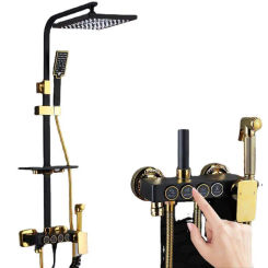 Gold Shower Set Faucet Rainfall Bathtub Tap With Bidet 4 Function Shower Wall Mounted Hot Cold Shower Column Square 8" Mixer Tap