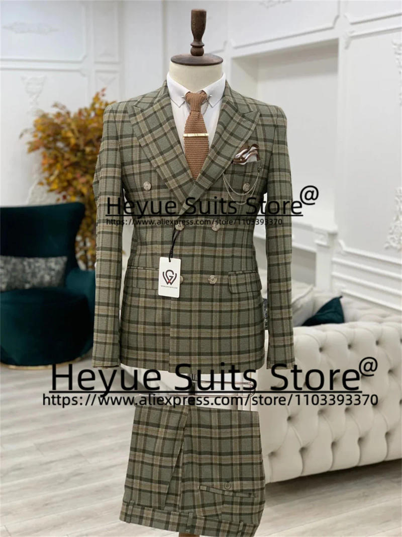 Description Picture 6 of itemMen Suits Green Plaid Business 2Pcs Sets Slim Fit Double Breasted Wedding Groom Formal Tuxedos Elegant Male Blazer Costume Homme