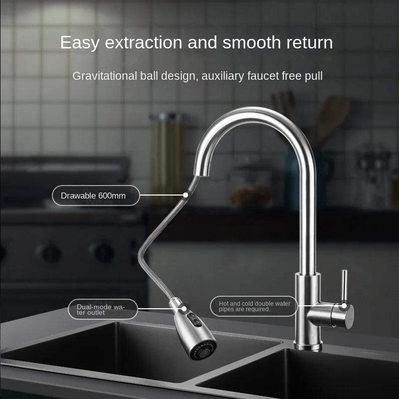 Description Picture 6 of item304 stainless steel Kitchen Faucet Single Hole Pull Out Spout Kitchen Sink Mixer Tap Stream Sprayer Head 360 Rotation Fauce