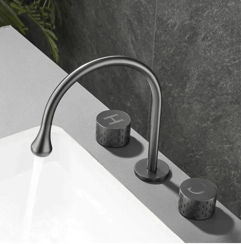 Description Picture 4 of itemBrushed Gold Basin Faucet Brass Gray Widespread Bathroom Black Sink Faucets 3 Hole Hot And Cold  Chrome Water Tap