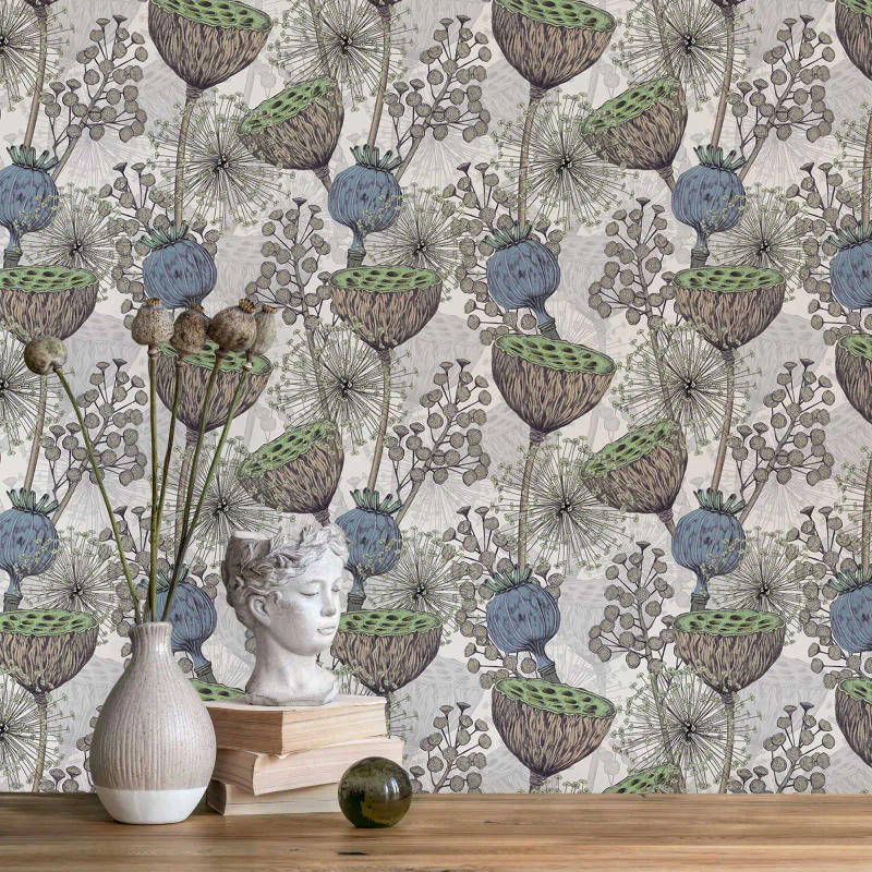 Description Picture 6 of itemLotus Flowers Wallpaper, Watercolor ink paint Lotus Leaves Wall paper in Blue