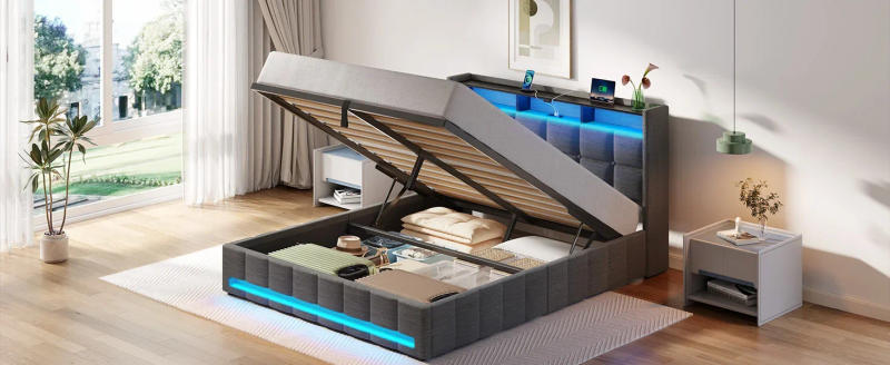 Description Picture 4 of itemBed Frame Queen Size with Lift Up Storage, Charging Station & LED Lights, Upholstered Storage Headboard, No Box Spring Needed,