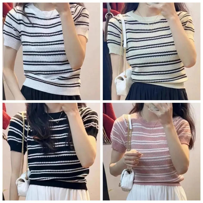 Description Picture 3 of itemAll-match Ins Short Sleeve Crop Top Slim Fit Female Clothing Stripe Knitted T-shirt Sweet Bottoming Shirt Knitwear Women Female