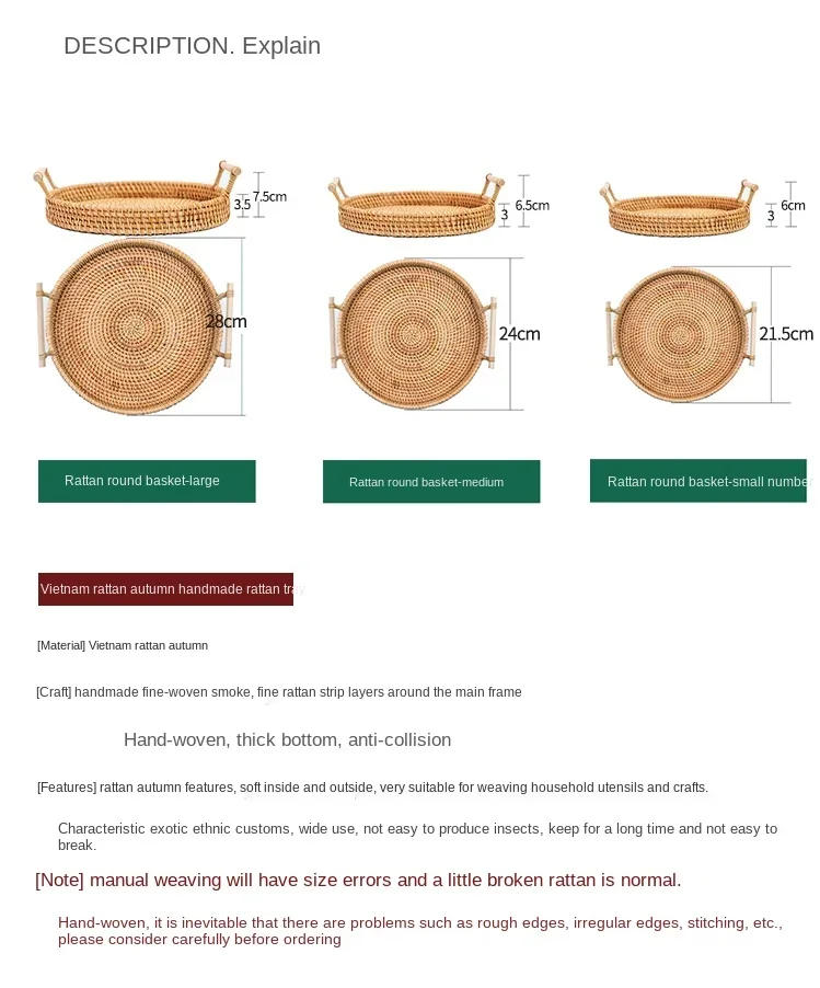 Description Picture 4 of itemRound Wicker Basket, Handwoven Rattan Storage Tray With Wooden Handle, Dinner Serving Tray, Bread Food Plate, Fruit Cake Platter