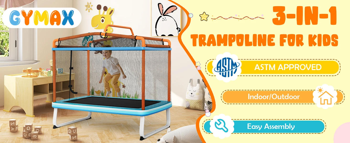 Description Picture 3 of itemTrampoline for Kids, 75” ASTM Approved Recreational Trampolines with Swing, Horizontal Bar & Enclosure Net, Mini Rectangle Tramp