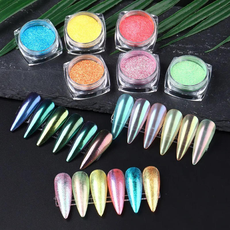 Description Picture 4 of item6pcs Aurora Mirror Nail Powder Pigment Chameleon Chrome Colors Fairy Iridescent Nail Art Glitter Dust UV Gel Polish Decorations
