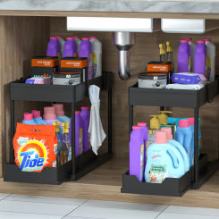 2 Tier Under Sink Organizer and Storage Sliding Drawer Multi-Purpose Bathroom Cabinet Organizer with Hooks Under Sink Organizers
