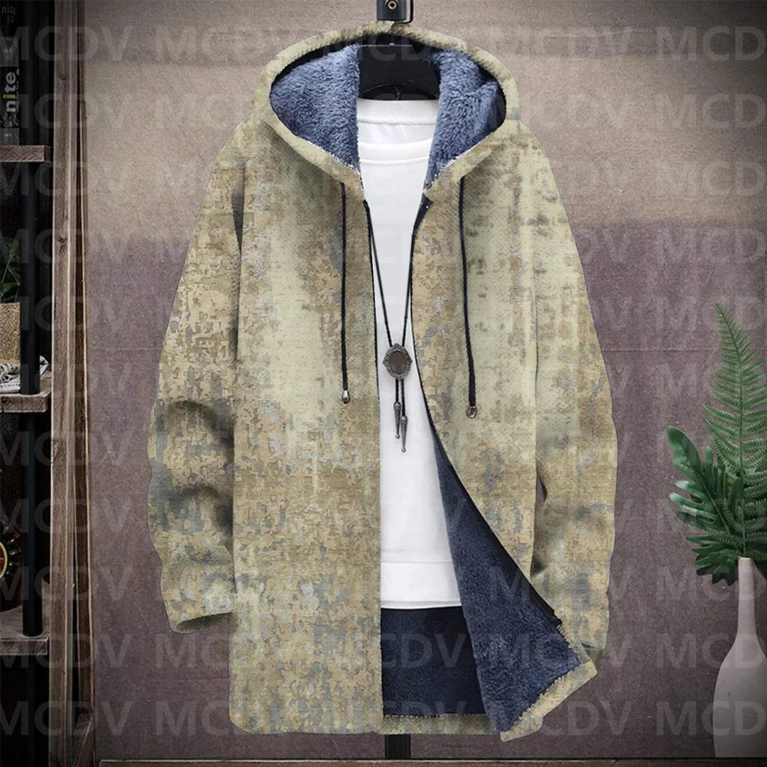 Description Picture 5 of itemMen's Retro Print Plush Thick Long-Sleeved Coat Fleece Hooded Overcoat Unisex Thick Warm Jacket-1