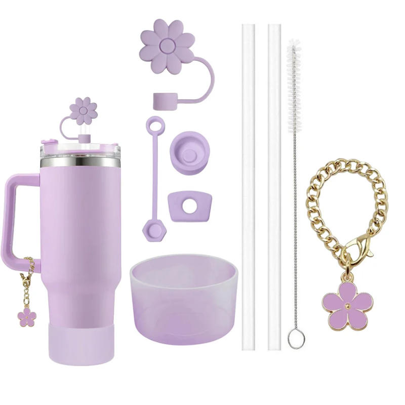 Description Picture 3 of item9pcs Accessories Set 3 Spill Proof Stopper Flowers Straw Cover Boot 2 Straw and Brush and 1 Flower Charm Chain for Stanley Cup