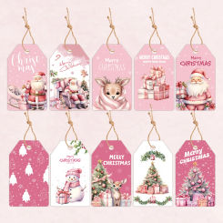 48Pcs Christmas Hanging Tags Pink Series Santa Claus Deer Paper Labels For Merry Xmas Party Decor DIY Gifts Wrapping Supplies