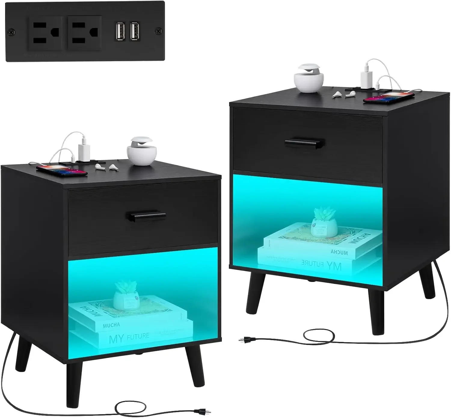Description Picture 2 of itemNightstands Set of 2, Nightstand with Charging Station & LED Light, Night Stands with Drawer for Bedroom