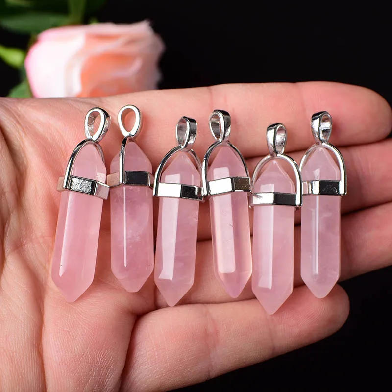 Description Picture 3 of item1PC Natural Crystal Mineral Ornament Rose Quartz Crystal Hexagonal Point Healing Stone Simple Pendant For Men Women Jewelry