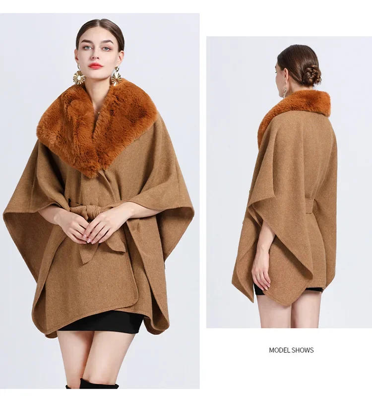 Description Picture 4 of item5 Colors Women Cardigan Triangle Neck Belt Out Streetwear Loose Cloak Winter Warm Woolen Poncho Cappa Faux Rabbit Fur Shawl Coat