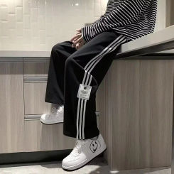 Boys sports trendy straight leg spring and autumn black versatile striped sanitary pants loose wide legSummer cropp casual pants