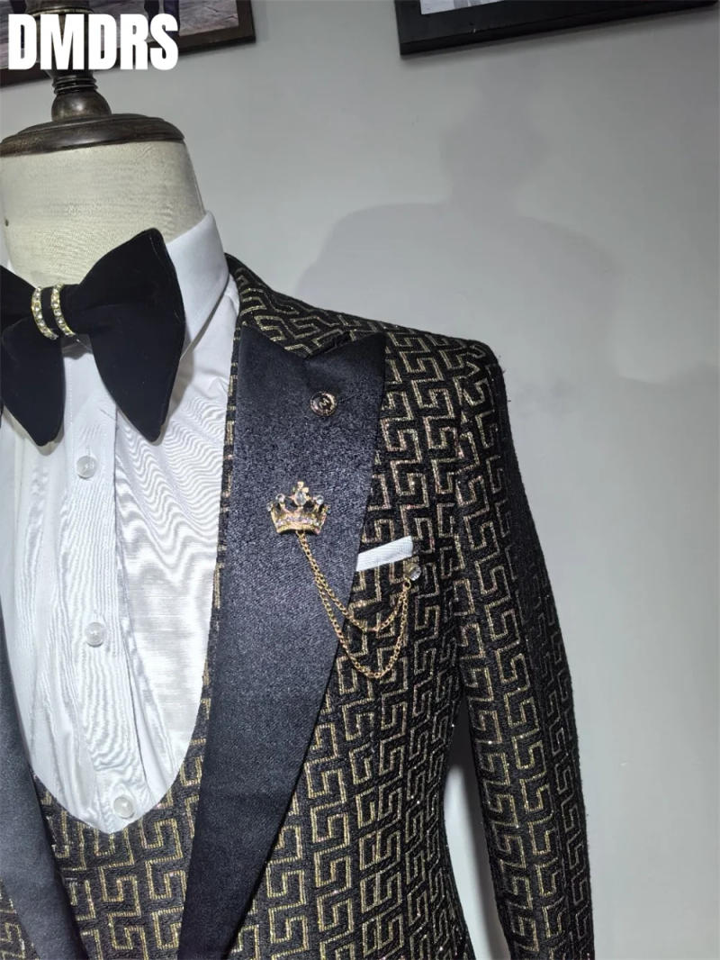 Description Picture 3 of itemMen Suit Set For Wedding Groom Suit Business 3 Piece Set For Men 2024 Popular Printed Jacket Dress Blazers Coat Trousers Suit