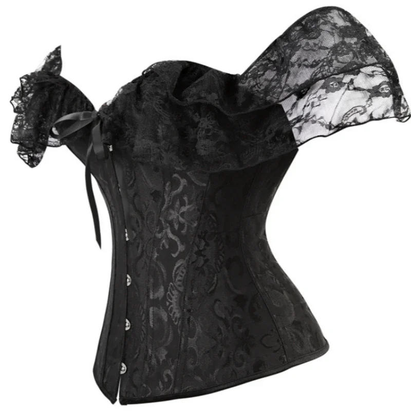 Description Picture 4 of itemCorset Top Plus Size Lace Shoulder Straps Bustiers Sexy Women Overbust Vintage Flower Print Lingerie Corselet Lace up Korsett