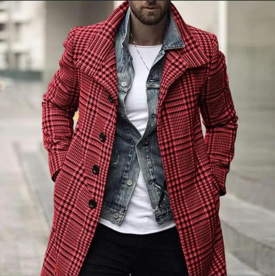 Description Picture 3 of item2023 Autumn/Winter New Fashion Trend Collar Single breasted Plaid Mid length Windbreaker Coat Men's Jacket