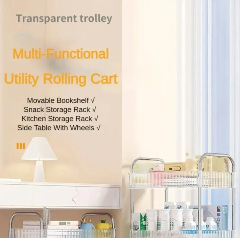 Description Picture 4 of item2/3 Tiers Rolling Cart Storage Shelf Transparent Acrylic Trolley Mobile Shelf with Multi-Layers Storage Rack kitchen furniture