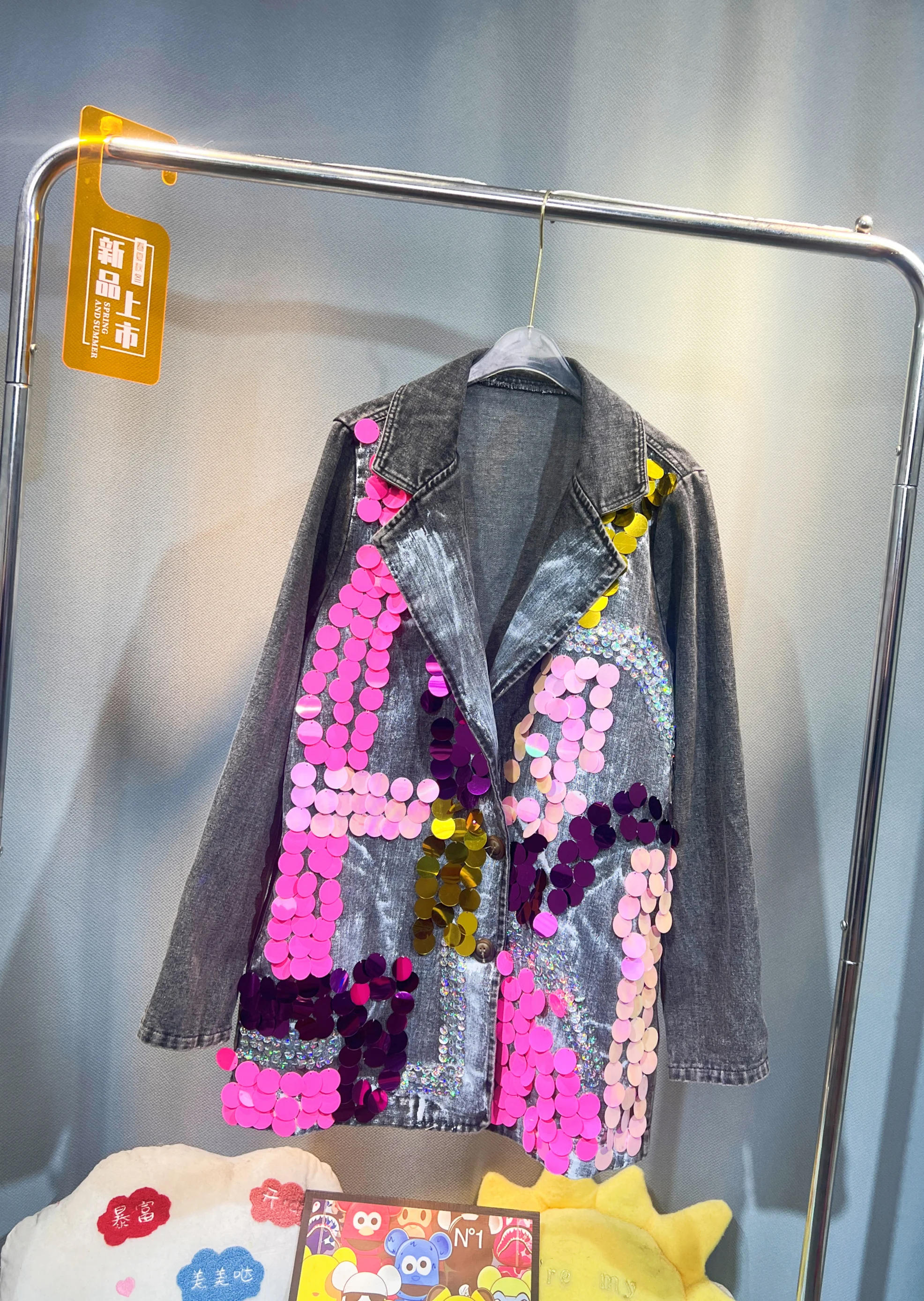 Description Picture 5 of itemHand Painted Heavy Sequined Denim Suit Coat Spring Mid Length Blazers Jacket Turn Down Collar Jeans Cardigan Loose Cowboy Tops