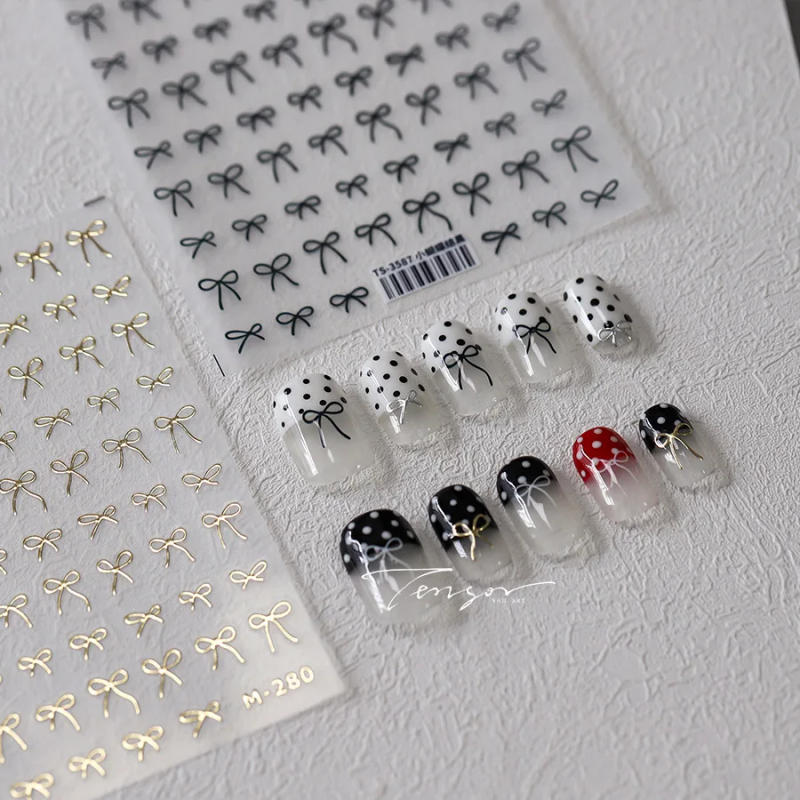 Description Picture 2 of itemLovely Gold Silver Black White Line Bowknot 3D Self Adhesive Nail Art Decorations Stickers Ribbon Cute Manicure Decals Wholesale