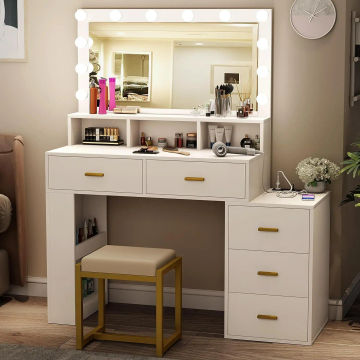 Vanity Makeup Table Dressing Desk Set w/ Stool 12 LED Lighted Mirror 5 Drawers for indoor bedroom furniture