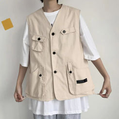 Thin Style Vest Coat Men's Collarless Sleeveless Cargo Waistcoat with Multi Pockets Buttons Closure Solid Color Outdoor for Thin