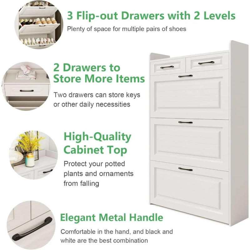 Description Picture 4 of itemShoe Cabinet, Entryway Cabinet Wooden Shoe Rack with 3 Flip Drawers and 2 Drawers, 3-Tier Adjustable Shelves Shoe Cabinet