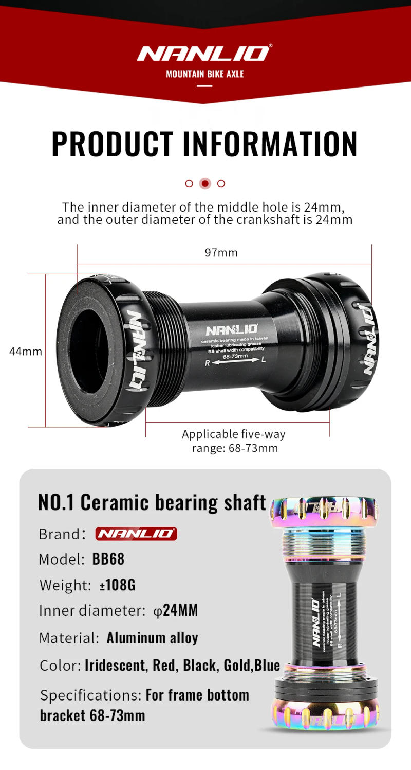 Description Picture 3 of itemNanlio BSA Bearing Bottom Bracket - 68/73 mm Screw Type, Waterproof Aluminum Alloy for MTB and Road Bikes
